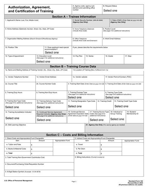 Sf 182 Authorization Agreement And Certification Of Training Forms