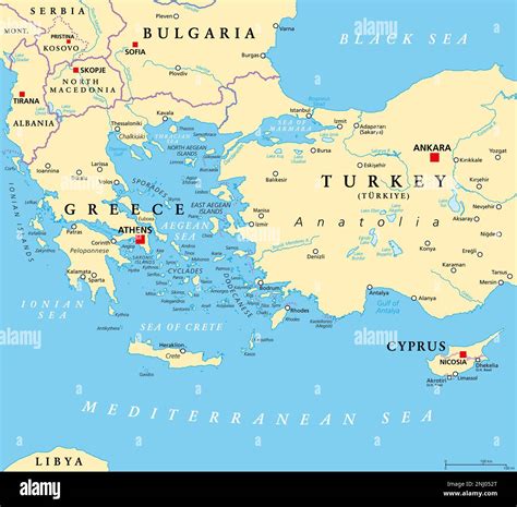 Aegean Sea region with Aegean Islands, political map. An elongated embayment of the ...