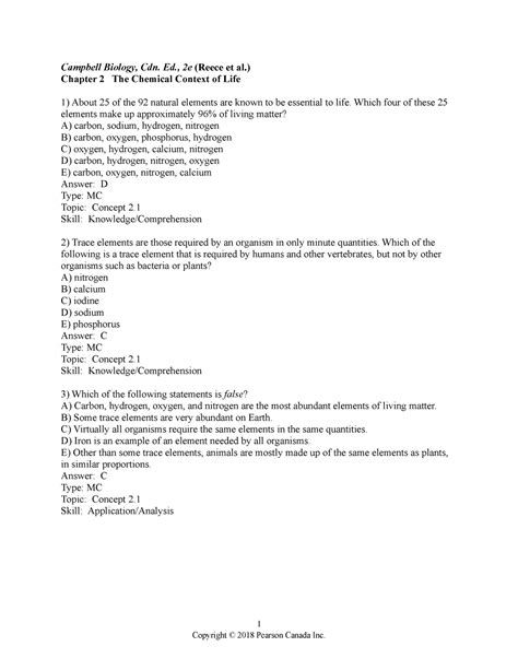 Chapter 2 Practise Questions For Bio Campbell Biology Cdn Ed 2e