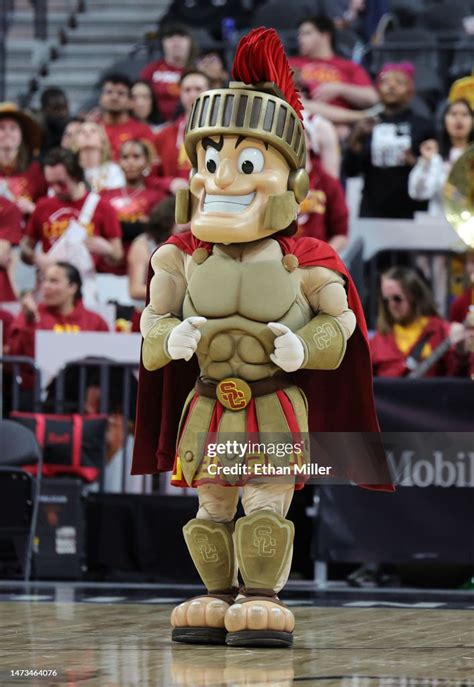 The Usc Trojans Mascot Tommy Trojan Performs During A Timeout In The