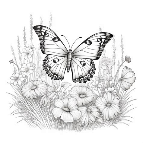 Premium AI Image | A black and white drawing of a butterfly in a field ...