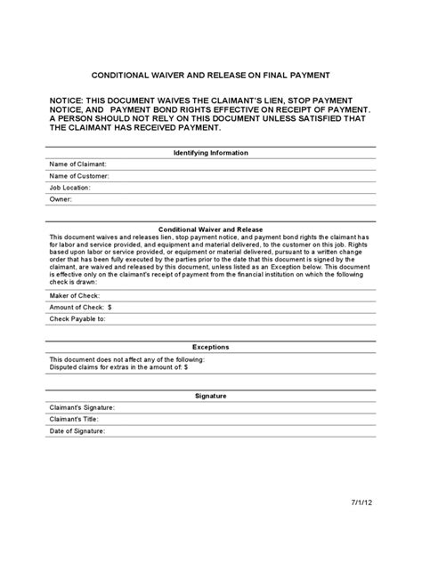 Conditional Lien Waiver Template Word