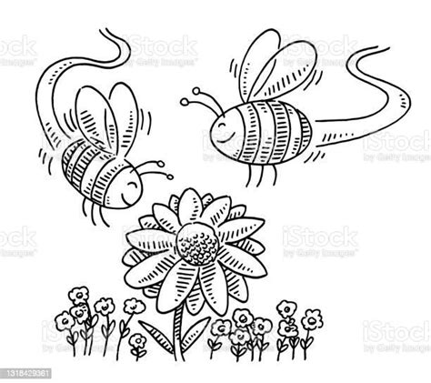 Cute Cartoon Bees Flying Around Flower Drawing Stock Illustration