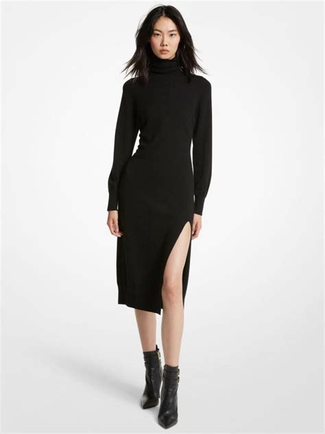 Michael Kors Womens Black Turtle Neck Slit Midi Dress Designerwear