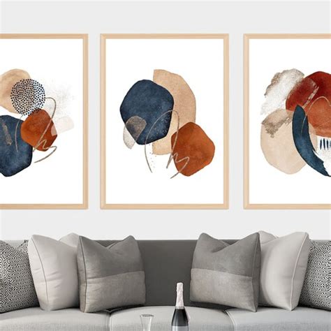 Set Of 3 Abstract Blue And Terracotta Prints Navy Burnt Orange Etsy