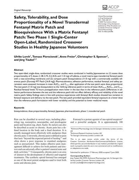 Pdf Safety Tolerability And Dose Proportionality Of A Novel Transdermal Fentanyl Matrix