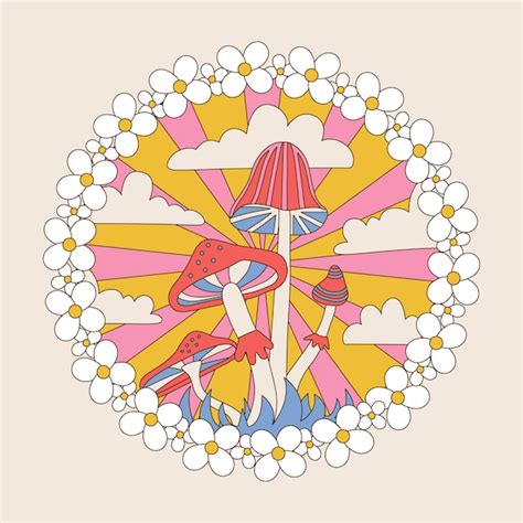 Premium Vector Retro Hippie Badge With Cute Groovy Daisy Flowers