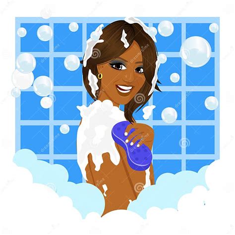 African American Woman Taking A Bath With Sponge And Bubble Foam Stock