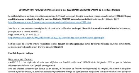 consultation publique 15 avril 6 mai chasse 2022 2023 Cantal où a été