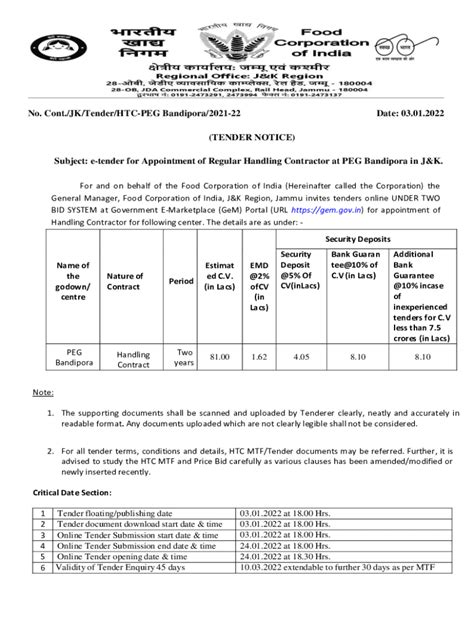 Fillable Online Fci Gov E Tender For Appointment Of Regular Handling