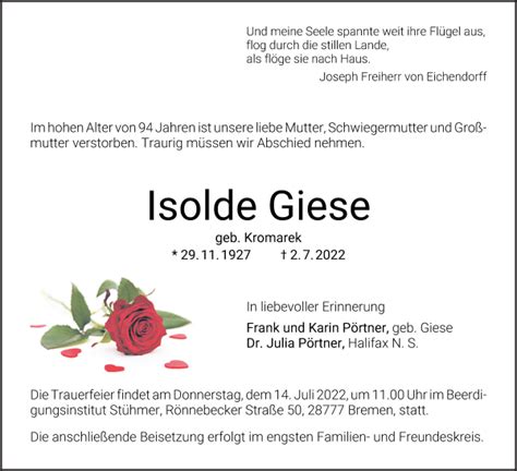 Traueranzeigen Von Isolde Giese Trauer Gedenken