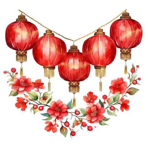 Premium Photo There Are Four Red Lanterns Hanging From A String With Flowers Generative Ai