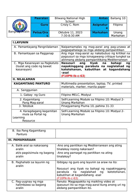 Cot Lp 1st Quarter Parabula Banghay Aralin Paaralan Bilwang