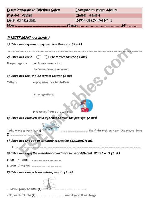 Mid Term Test N1 8th Form Tunisia ESL Worksheet By Hanen Aboudi