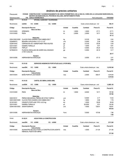 07 Analisis De Costos Unitarios1 Pdf Hormigón Ingeniería Estructural