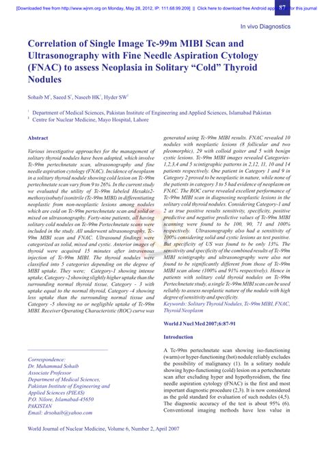 Pdf Correlation Of Single Image Tc M Mibi Scan And Ultrasonography