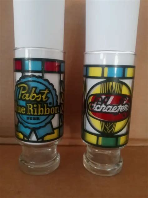 2 Vintage Beer Glasses Schaefer Pabst Blue Ribbon Stained Glasses 70s