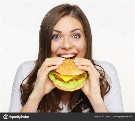 Face Portrait Happy Woman Eating Fast Food Burger Stock Photo By