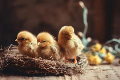 Pintinhos fofos em um balde brincando em casa pintinhos recém nascidos