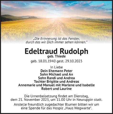 Traueranzeigen Von Edeltraud Rudolph M Rkische Onlinezeitung Trauerportal