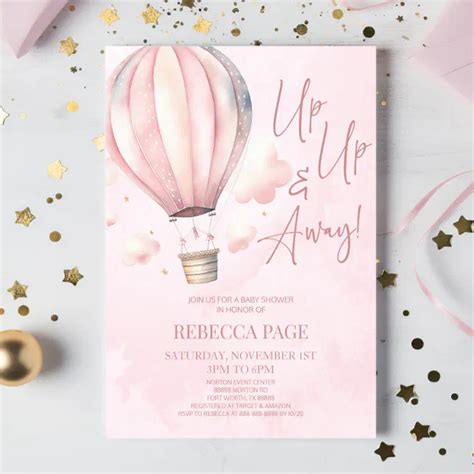Up Up And Away Pink Hot Air Balloon Baby Shower Invitation Zazzle