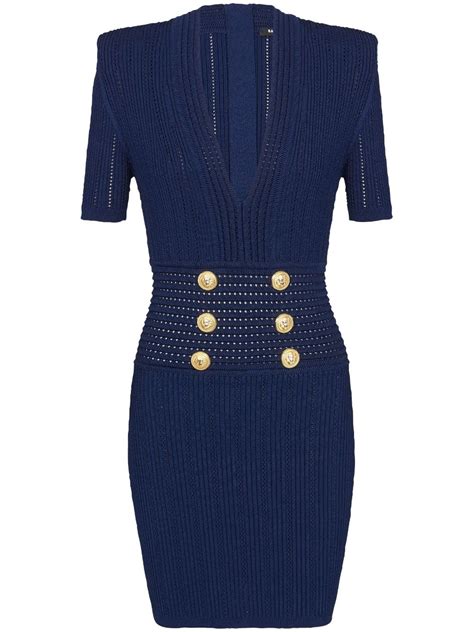 Balmain Button Embellished Ribbed Knit Minidress Blue Farfetch