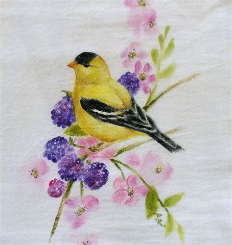 Hand Painted Flour Sack Towel Goldfinch Blackberries Songbird Flour