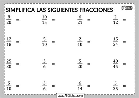 Ejercicios De Simplifiaci N De Fracciones Para Imprimir