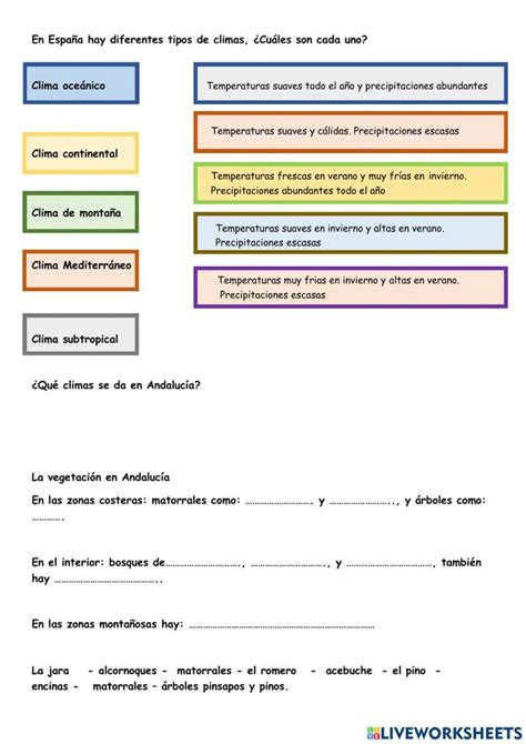 Climas worksheet for 4 primaria Enseñanza de la geografía