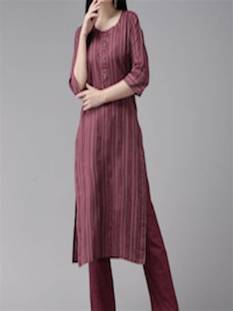 Buy Aarika Women Maroon Striped Regular Pure Cotton Kurta With Trousers