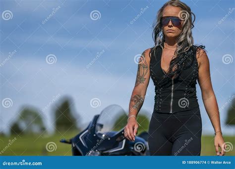 Beautiful Blonde Model Posing With A Street Motorcycle On A Sunny Day Stock Photo Image Of