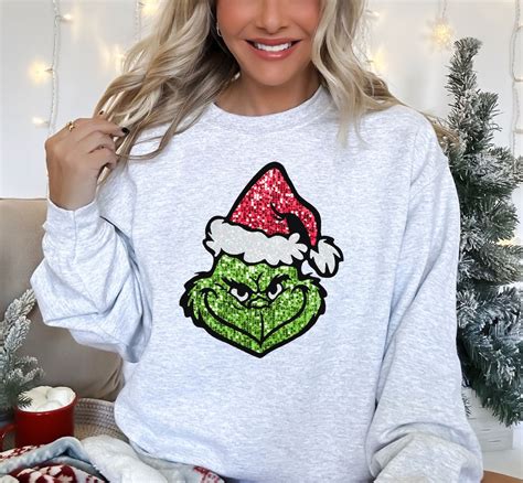 Glitter Grinch Face Sweatshirt The Grinch Christmas Swatshirt Womens