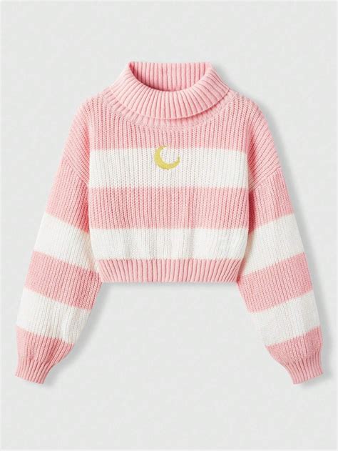 Romwe Kawaii Knitted Sweater With Moon Embroidery And Color Block