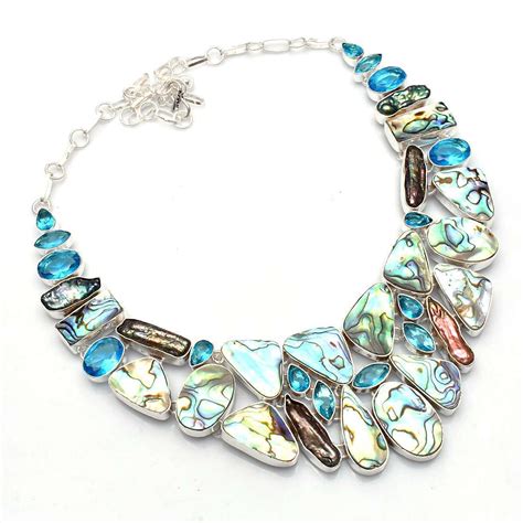 Abalone Shell Blue Topaz Gemstone Handmade Big Necklace Jewelry Gms