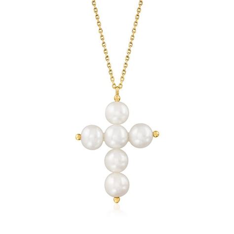 Mm Cultured Pearl Cross Pendant Necklace In Kt Yellow Gold