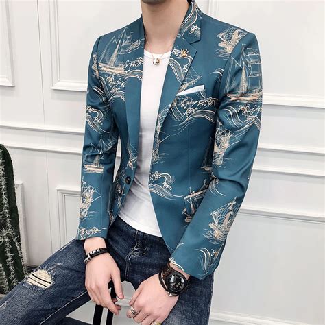 2018 Baroque Blazers Mens Printed Blazer Masculino Slim Fit Blue and ...