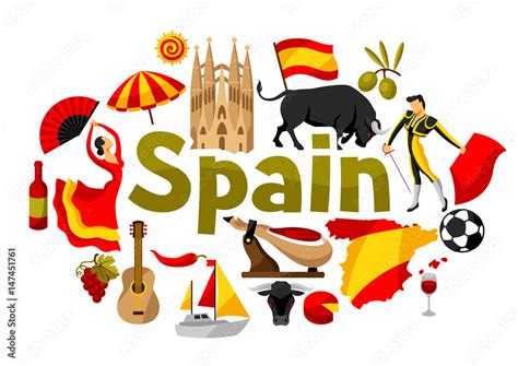 Spain Background Design Spanish Traditional Symbols And Objects Stock