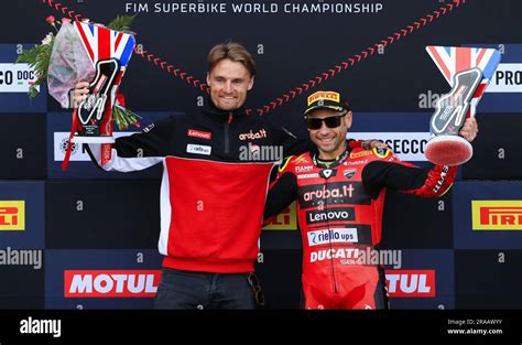 Aruba It Racing Ducati Rider Alvaro Bautista Celebrates With His Trophy