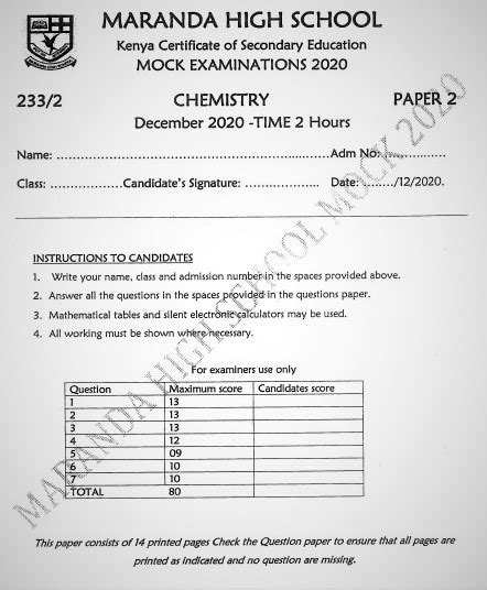 Maranda Mock Chemistry Paper With Marking Scheme Muthurwa