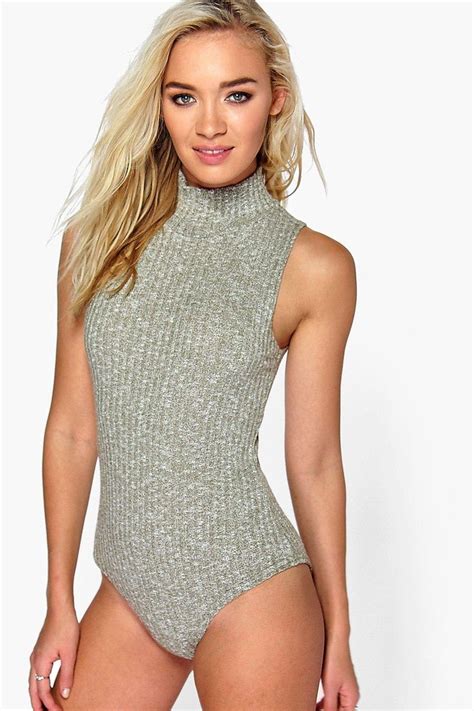 Womens Ava Sleeveless Rib Knit Turtle Neck Bodysuit Boohoo Uk