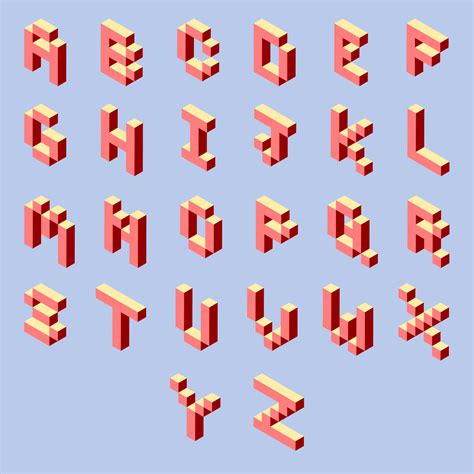 3D Isometric Alphabet In The Style Of Pixel Art Pink And Red On A Light