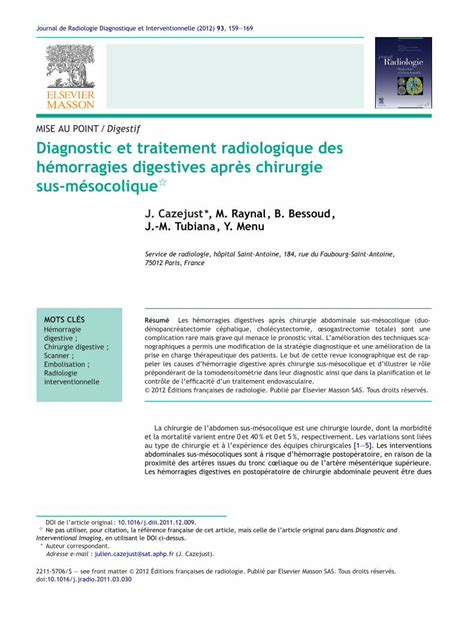 PDF Diagnostic et traitement radiologique des hémorragies digestives