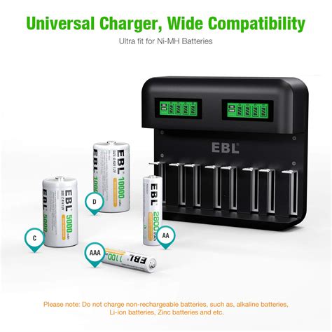 Ebl Lcd Universal Battery Charger For Aa Aaa C D Rechargeable Batteries Ni Mh With 2a Usb Port