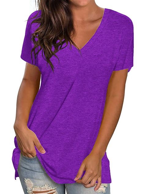 Temofon Women T Shirts Summer V Neck Tops Short Sleeve Tunic Tops Solid