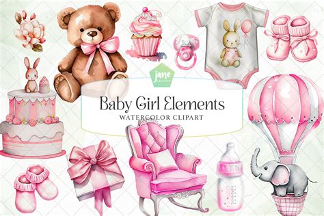 Baby Girl Elements Watercolor Bundle Graphic By Janecreative Creative