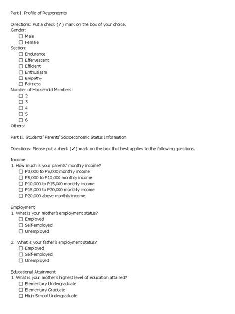 Questionnaire Pdf Socioeconomic Status Undergraduate Education