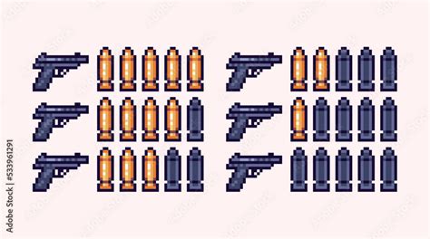 Pistol ammo interface pixel art set. Gun bullets battery collection. 8 bit sprite. Game ...