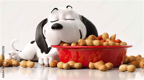 happy snoopy puppy black and white with dog peanuts in red puppy bowl ...