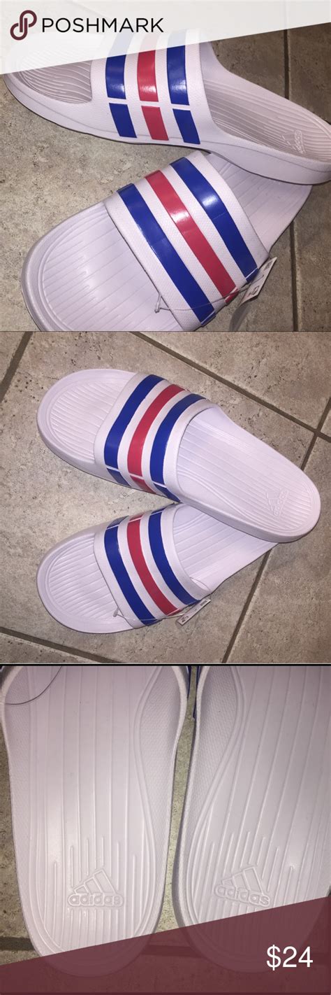 Adidas Blue Red White Striped Slides Sold Out Blue Adidas Striped