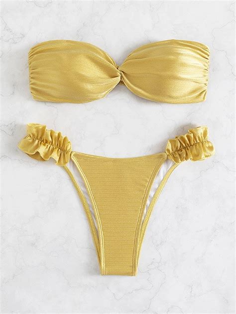 Emmiol Free Shipping Metallic Bandeau Bikini Set Golden L In